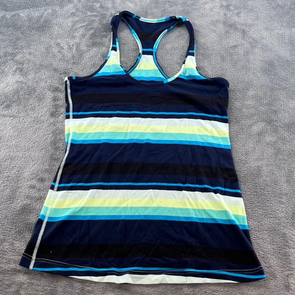 Lululemon Athletica Striped Racerback Tank Top Navy Teal Lime Green Multi-Color